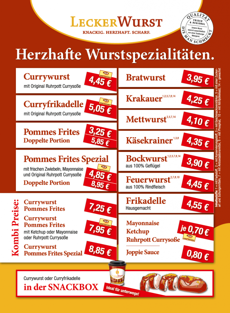 Preistafel für Lecker Wurst im Duisburger Hauptbahnhof